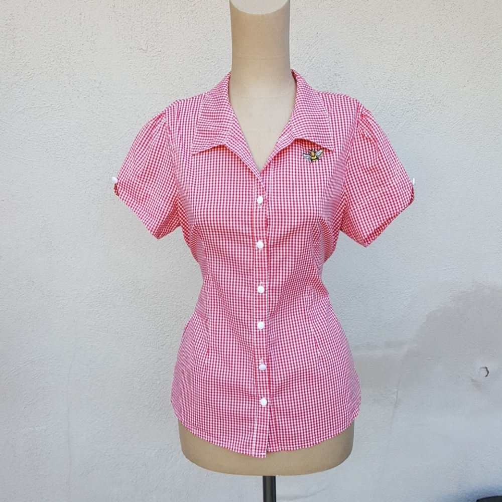 Sourpuss Bumble Bee Gingham Top Red & White